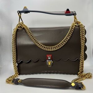 Fendi Kan | Scalloped Leather Bag Brown Gold Chain Stud Clasp Never Worn